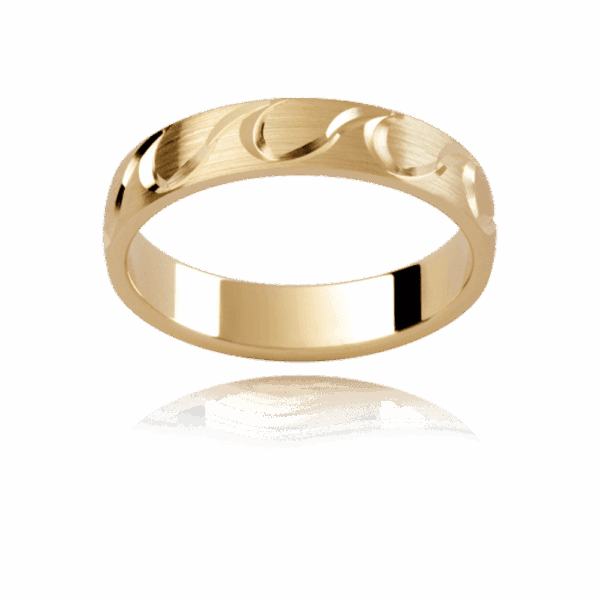 P232 4Mm Yellow Gold Semi Rounded Emery With Polished Engraved Wave Pattern Wedding Rings For Men