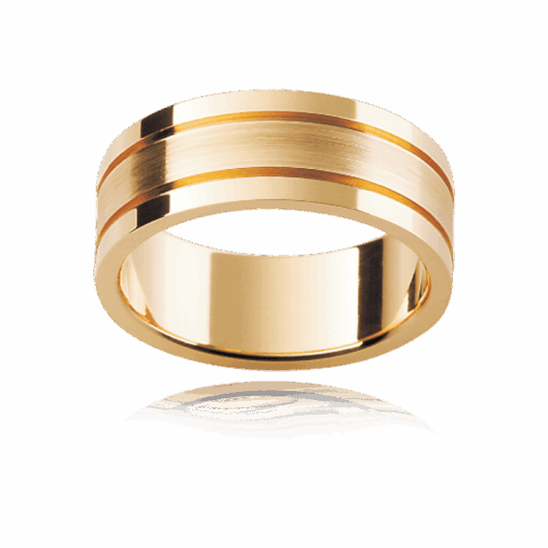 P237 7Mm Yellow Gold Flat Profile Deep Polished Grooves Wedding Bands For Men