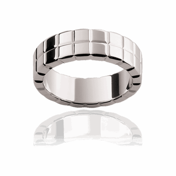 Model wears P245 6mm white gold subtle grooves double row checker patterned wedding bands for men 1
