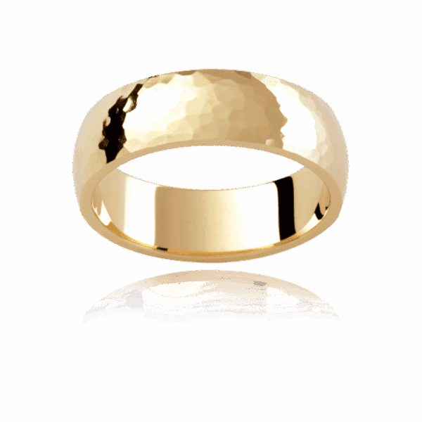 P249 6Mm Yellow Gold Semi Rounded Band With Polished Hammer Finish Wedding Bands For Men