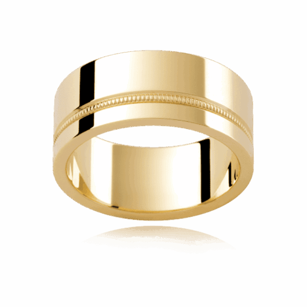 P255 8Mm Yellow Gold Flat Profile Asymmetrical Decorative Rope Detail Mens Gold Ring