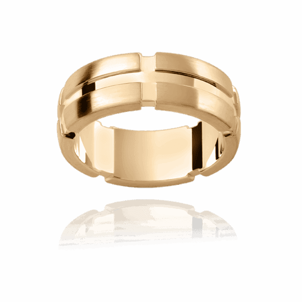 Model wears P261 7mm white gold semi rounded with thick vertical and horizontal polished groove pattern mens engagement ring