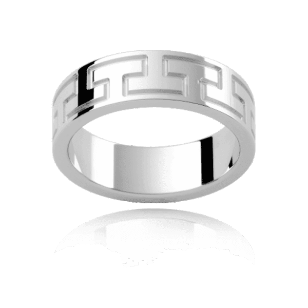 P273B 6mm yellow gold flat pattern mens wedding band with graphic motif in polished grooves