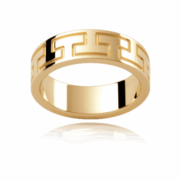 P273B 6Mm Yellow Gold Flat Pattern Mens Wedding Band With Graphic Motif In Polished Grooves