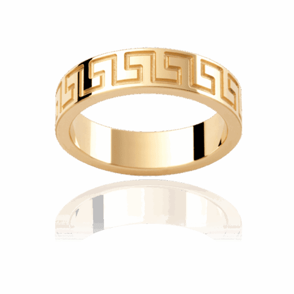 Model wears P274B 6mm yellow gold flat pattern with graphic motif in polished grooves mens engagement ring