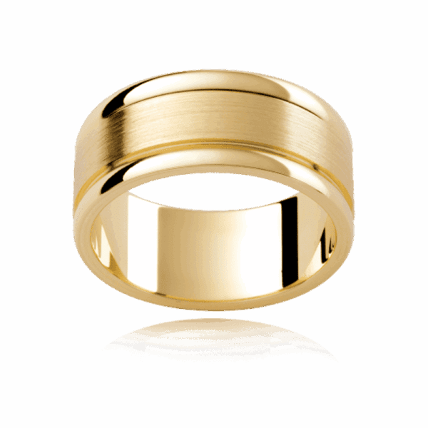 P279 8Mm Yellow Gold Flat Semi Rounded Edges And Polished Groove Detail Mens Ring