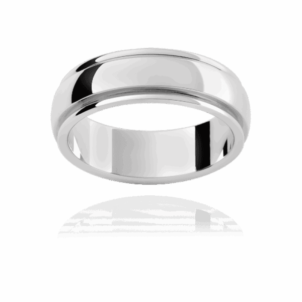 P286 6Mm White Gold Thick Semi Rounded With Grooved Edges Mens Wedding Band
