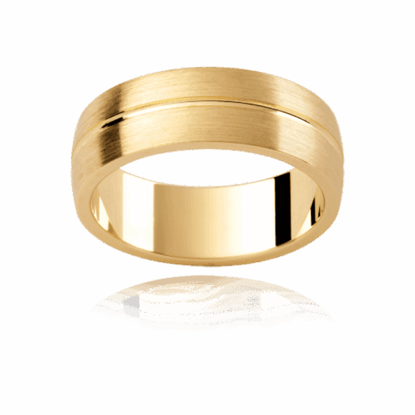 Model wears P287 7mm white gold semi rounded mens wedding band with polished centreline groove