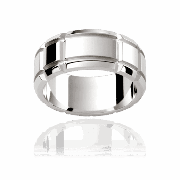 P295 8mm yellow gold patterned band with vertical and horizontal cut out grooves mens engagement ring