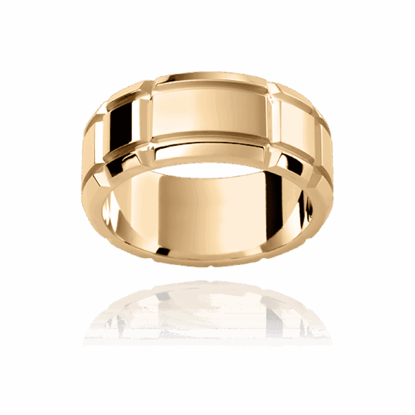 P295 8Mm Yellow Gold Patterned Band With Vertical And Horizontal Cut Out Grooves Mens Engagement Ring