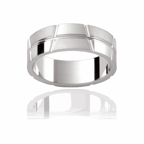 P299 6 5mm yellow gold flat patterned mens wedding band with asymmetrical vertical grooves and horizontal centreline