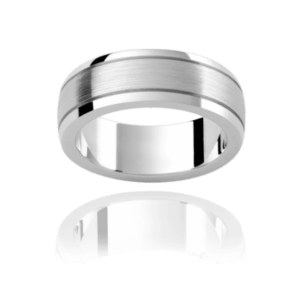 P315 8Mm White Gold Low Half Rounded Edge Sections Divided By Cut Out Groove Mens Wedding Ring