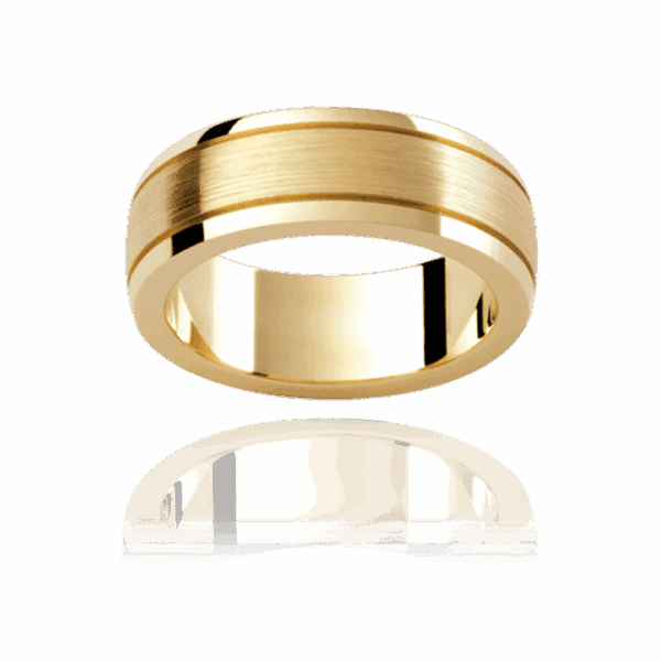 Model wears P315 7mm white gold low half rounded edge sections divided by cut out groove mens wedding ring