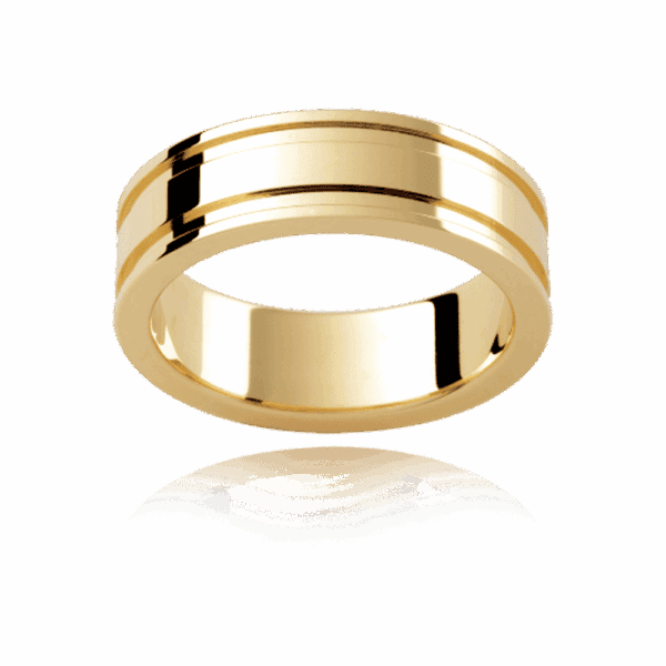 P339 7Mm Yellow Gold Flat Polished Horizontal Stripes On Edges Polished Mens Wedding Band