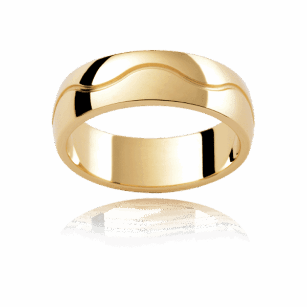 P342B 6Mm Yellow Gold Semi Rounded Band With Wave Pattern Centreline Groove Mens Engagement Ring