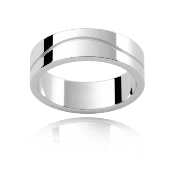 P343B 6mm yellow gold flat mens wedding band with wave pattern centreline groove