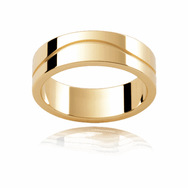 P343B 6Mm Yellow Gold Flat Mens Wedding Band With Wave Pattern Centreline Groove