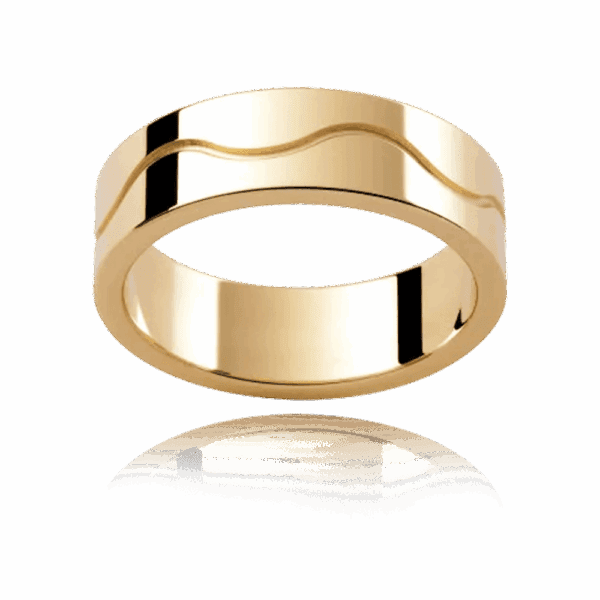 P344B 6Mm Yellow Gold Flat Profile Wavy Centre Groove Mens Wedding Band