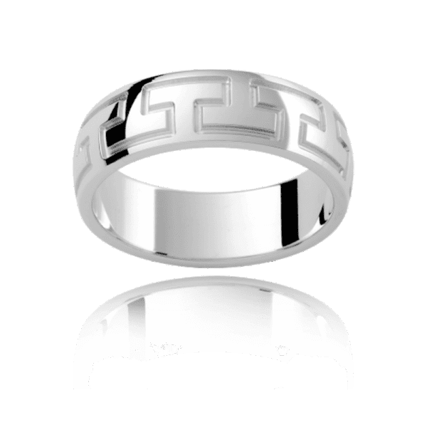 P345B 6Mm White Gold Semi Rounded Engraved Graphic Motif Polished Mens Wedding Band