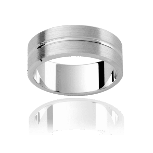 P348 8mm yellow gold flat mens wedding band with polished centreline groove