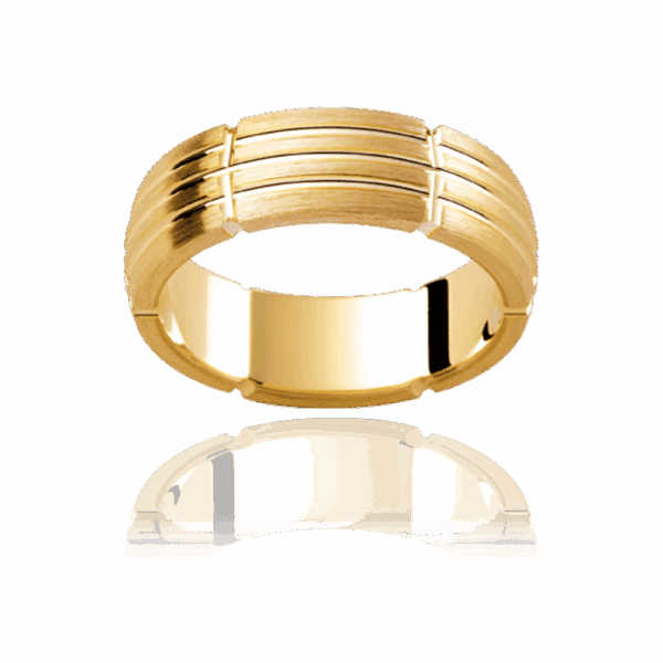 P349B 6Mm Yellow Gold Rounded Mens Wedding Band With Horizontal And Vertical Polished Groove Pattern