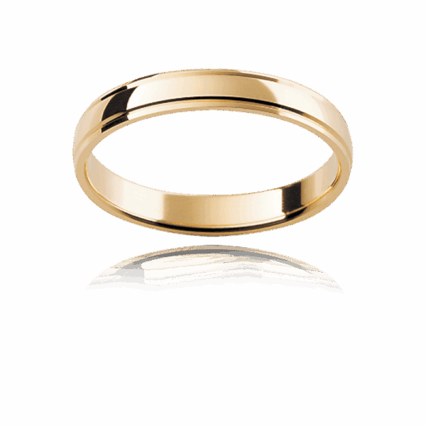 P55 3Mm Yellow Gold Plain Semi Rounded Mens Wedding Band With Grooved Edges