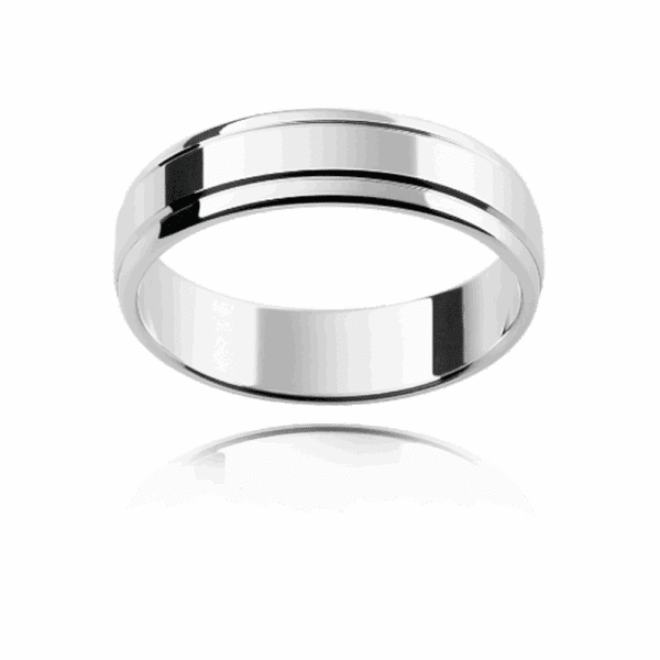 P69 5mm yellow gold flat profile two horizontal grooves slightly lowered edges mens wedding ring