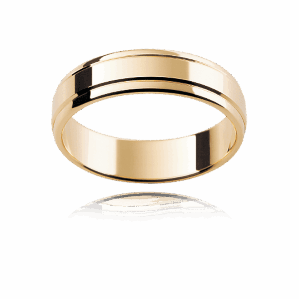P69 5Mm Yellow Gold Flat Profile Two Horizontal Grooves Slightly Lowered Edges Mens Wedding Ring