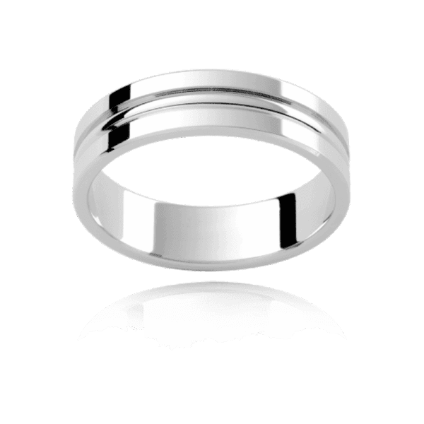 P70 5mm yellow gold flat band with polished centreline detail and polished rails wedding rings for men