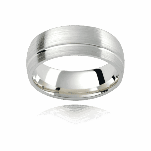 Model wears PC347 5mm semi rounded yellow gold with offset polished groove wedding rings for men