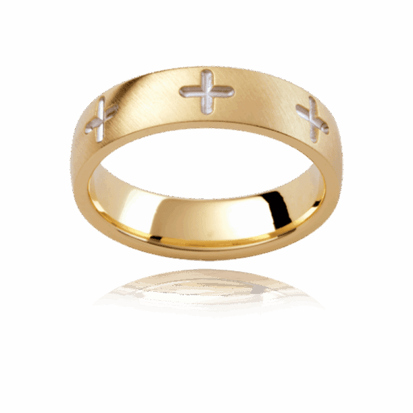 Model wears PJ275 6mm yellow gold semi rounded band with engraved cross motif wedding bands for men