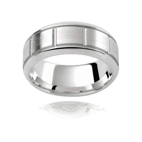 Model wears PJ291 8mm patterned flat mens wedding band with polished beveled edge