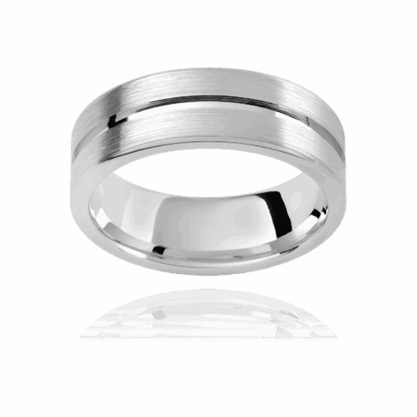Pj332 6 5Mm White Gold Flat Emery Polished Centreline Groove Wedding Rings For Men
