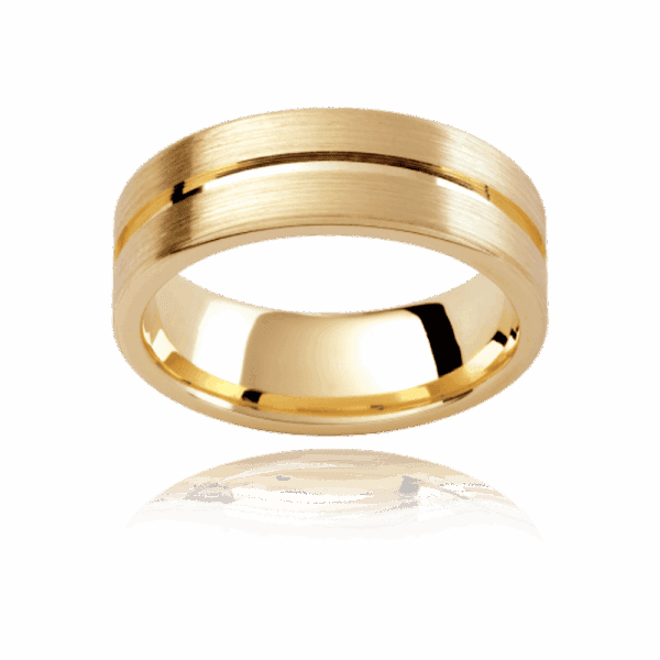 Model wears PJ332 6 5mm white gold flat emery polished centreline groove wedding rings for men