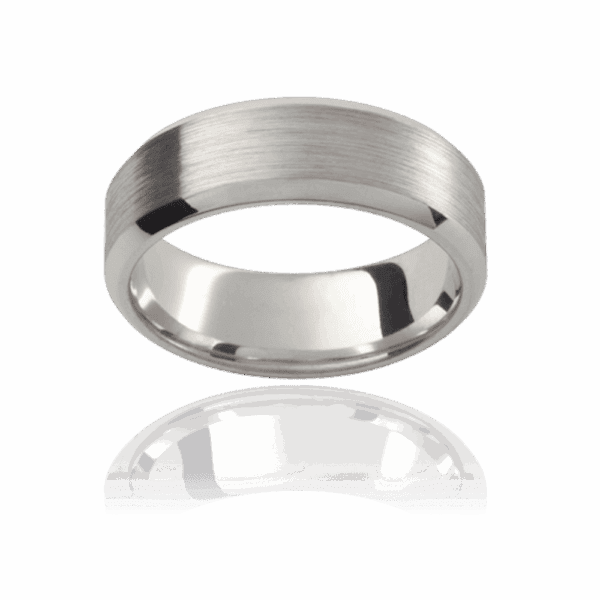Model wears PJ498 8mm yellow gold flat band with rounded beveled edges wedding rings for men