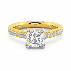 Victoria Cushion 6 5 Front Yellow Gold Moissanite Tiffany Setting Micro Pave Half Band Engagement Ring