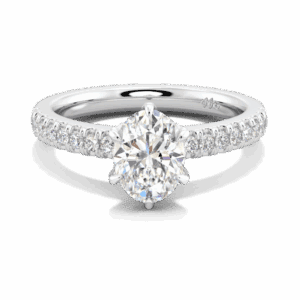 Victoria Oval 8X6 Front White Gold Moissanite Tiffany Setting Micro Pave Half Band Engagement Ring