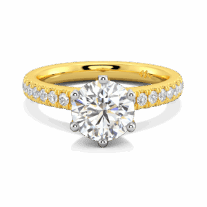 Victoria Round 7 5 Front Yellow Gold Moissanite Tiffany Setting Micro Pave Half Band Engagement Ring
