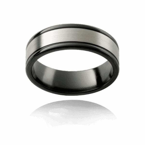 Model wears ZRJ7 7mm zirconium two tone flat band with rounded edges modern wedding bands for men
