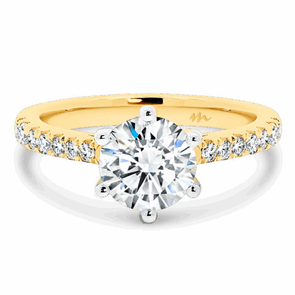 Amy 7 0 front yellow gold Moissanite tapered 6 prong graduating pave set engagement ring