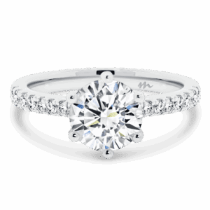 Amy 7 5 Front White Gold Moissanite Tapered 6 Prong Graduating Pave Set Engagement Ring