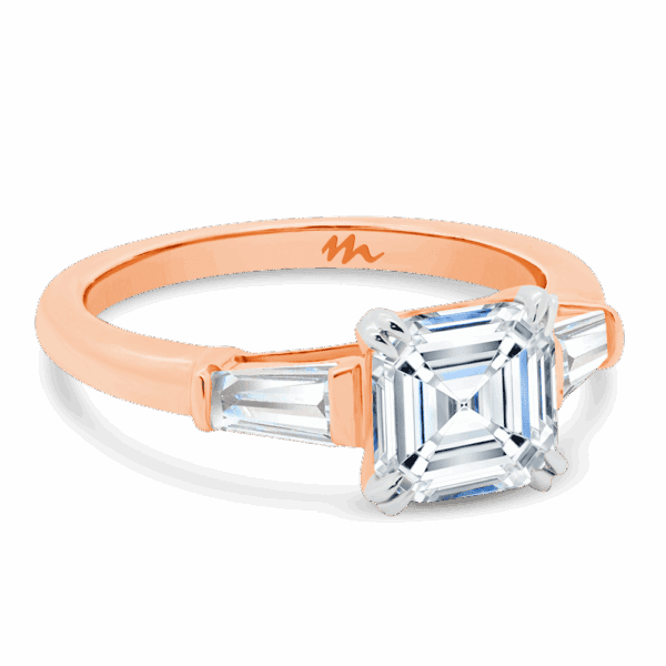 Debbie Asscher 7 0 Angled Rose Gold Moissanite Prong Set Tapered Side Stones Trilogy Ring