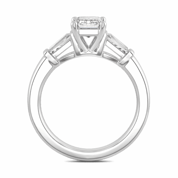 Debbie Emerald 7X5 Side White Gold Moissanite Prong Set Tapered Side Stones Trilogy Ring