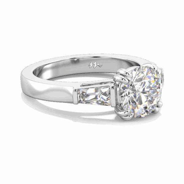 Debbie Round 8 0 Angled White Gold Moissanite Tapered Side Stones Prong Set Trilogy Ring