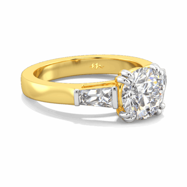 Debbie Round 8 0 Angled Yellow Gold Moissanite Tapered Side Stones Prong Set Trilogy Ring