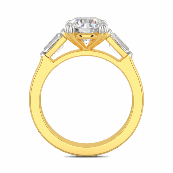 Debbie Round 8 0 Side Yellow Gold Moissanite Tapered Side Stones Prong Set Trilogy Ring