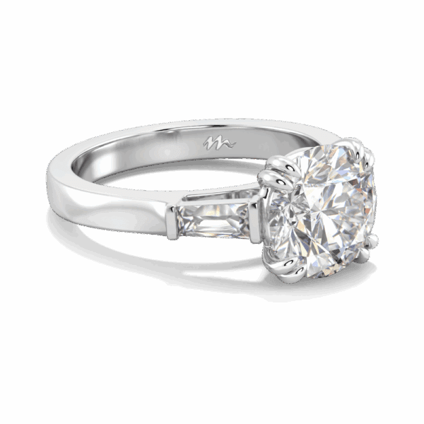 Debbie Round 9 0 Angled White Gold Moissanite Tapered Side Stones Prong Set Trilogy Ring