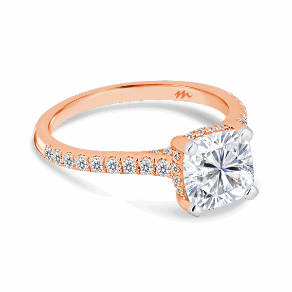 Harmony Cushion 7 0 Angled Rose Gold Moissanite 4 Prong Encrusted Under Rail Bridge Engagement Ring