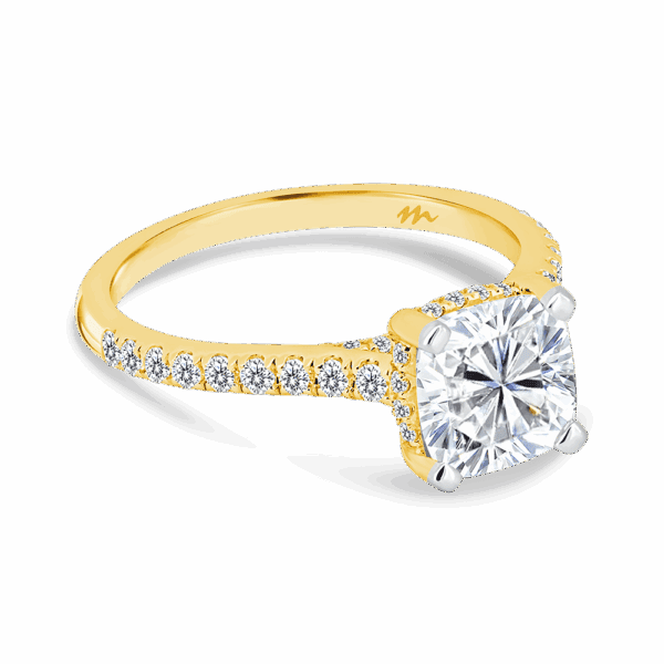 Harmony Cushion 7 0 Angled Yellow Gold Moissanite 4 Prong Encrusted Under Rail Bridge Engagement Ring