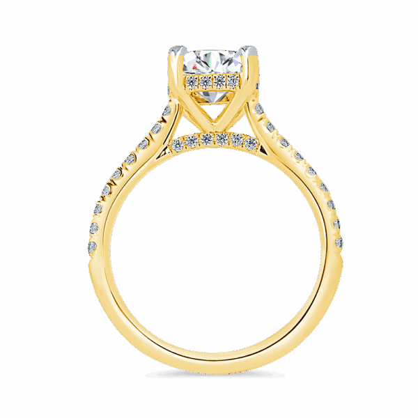 Harmony Cushion 7 0 Side Yellow Gold Diamond 4 Prong Encrusted Under Rail Bridge Engagement Ring